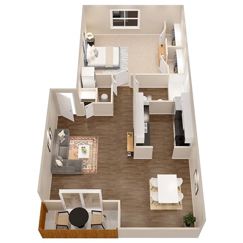a 3d rendering of a 1 bedroom floor plan with a kitchen and living room